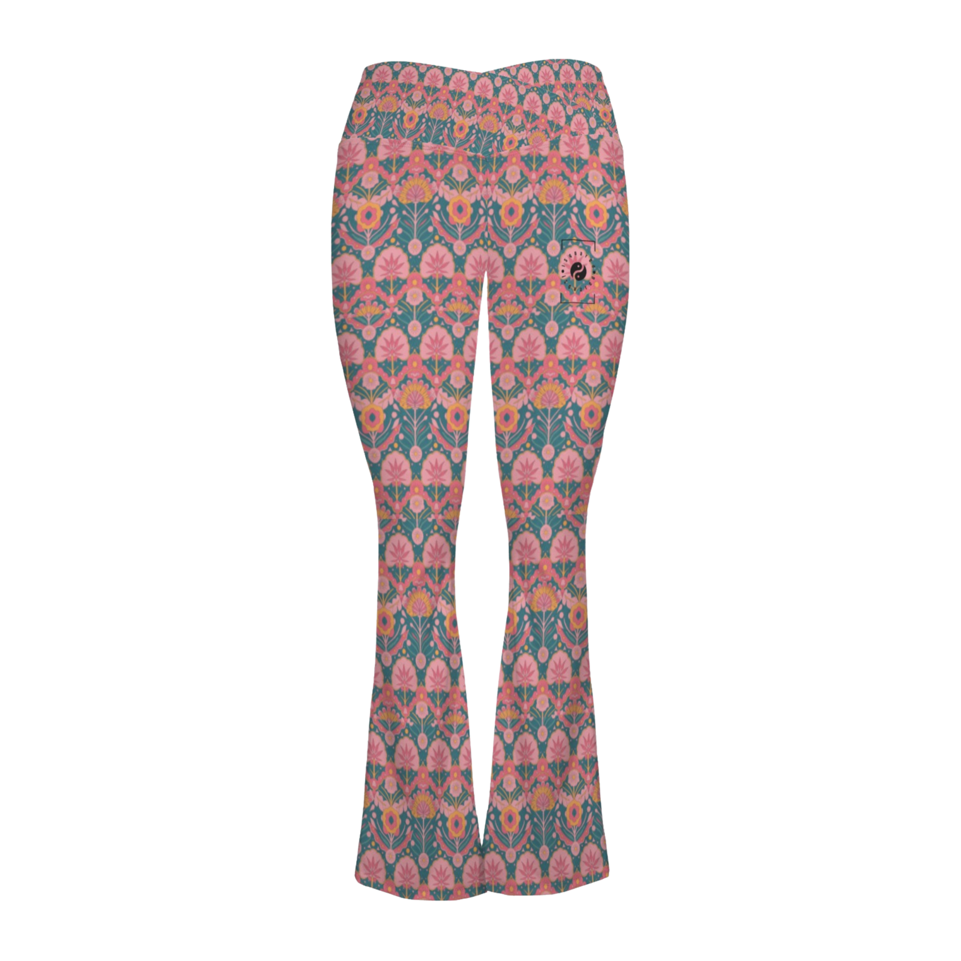 Jaipur Love Cross Waisted Flare Leggings with crossover waistband, V seam, flared leg, and printed stretch fabric