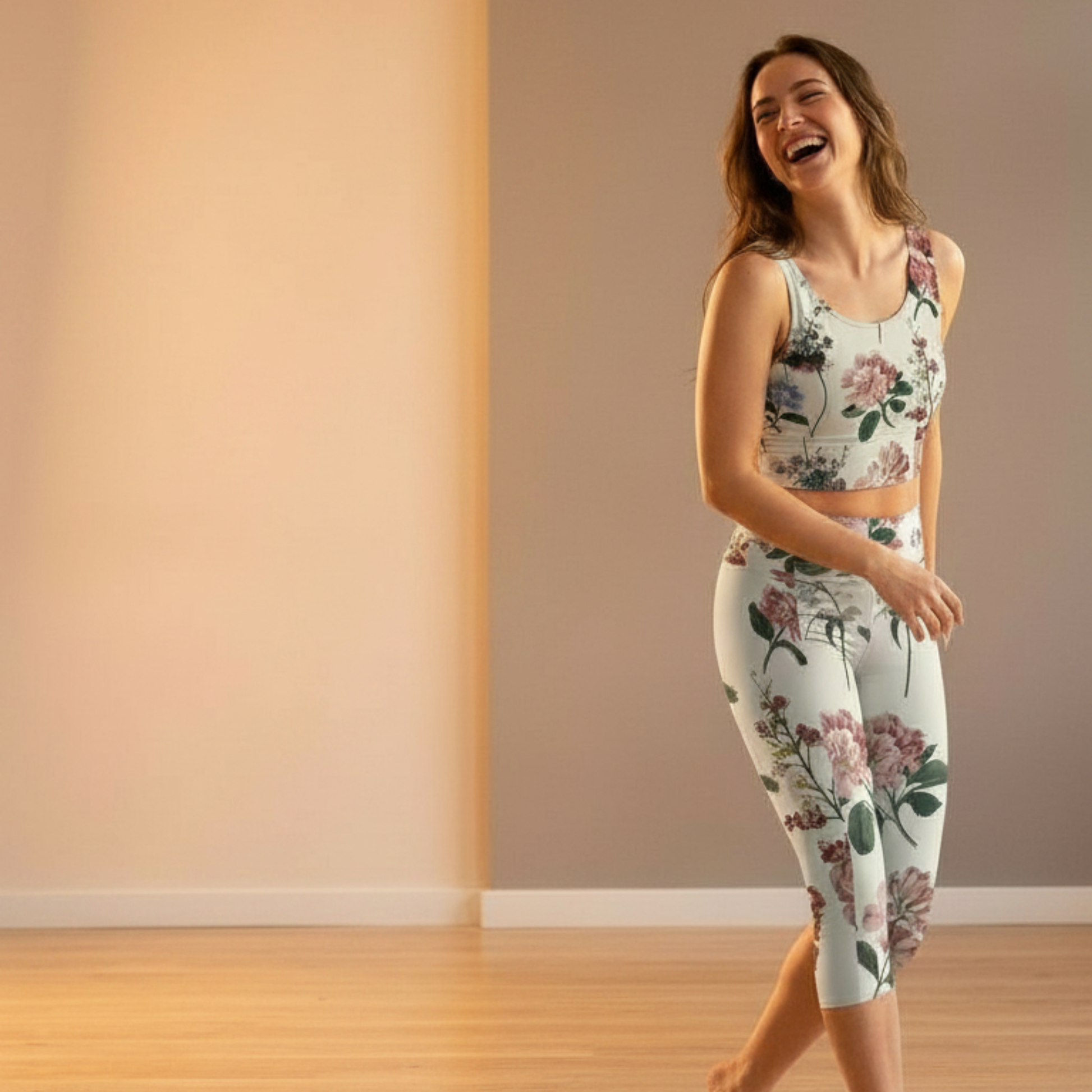 Botanicals iSquared Pocket Capri leggings with high-rise waistband, mid-calf length, and two side pockets