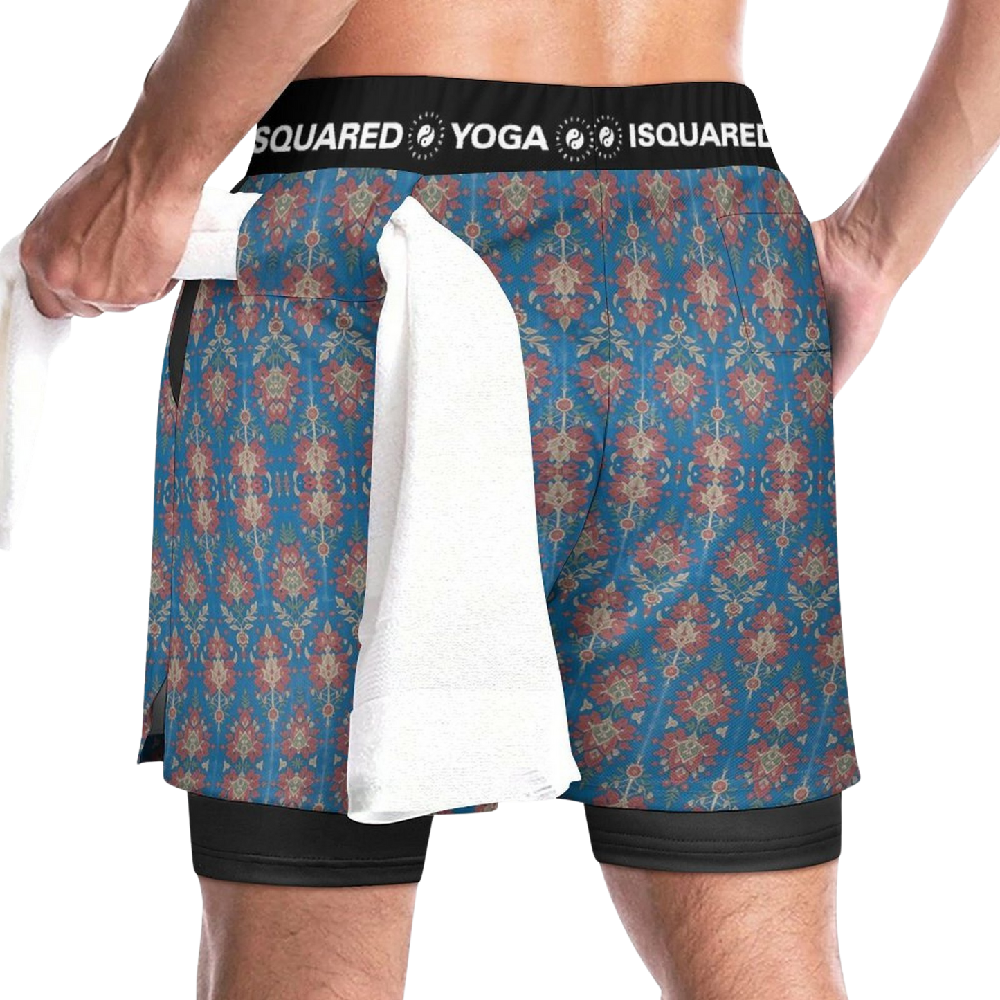 Jaipur Love dual-layer compression yoga shorts with mesh outer shell, milk silk liner, pockets, and vibrant print