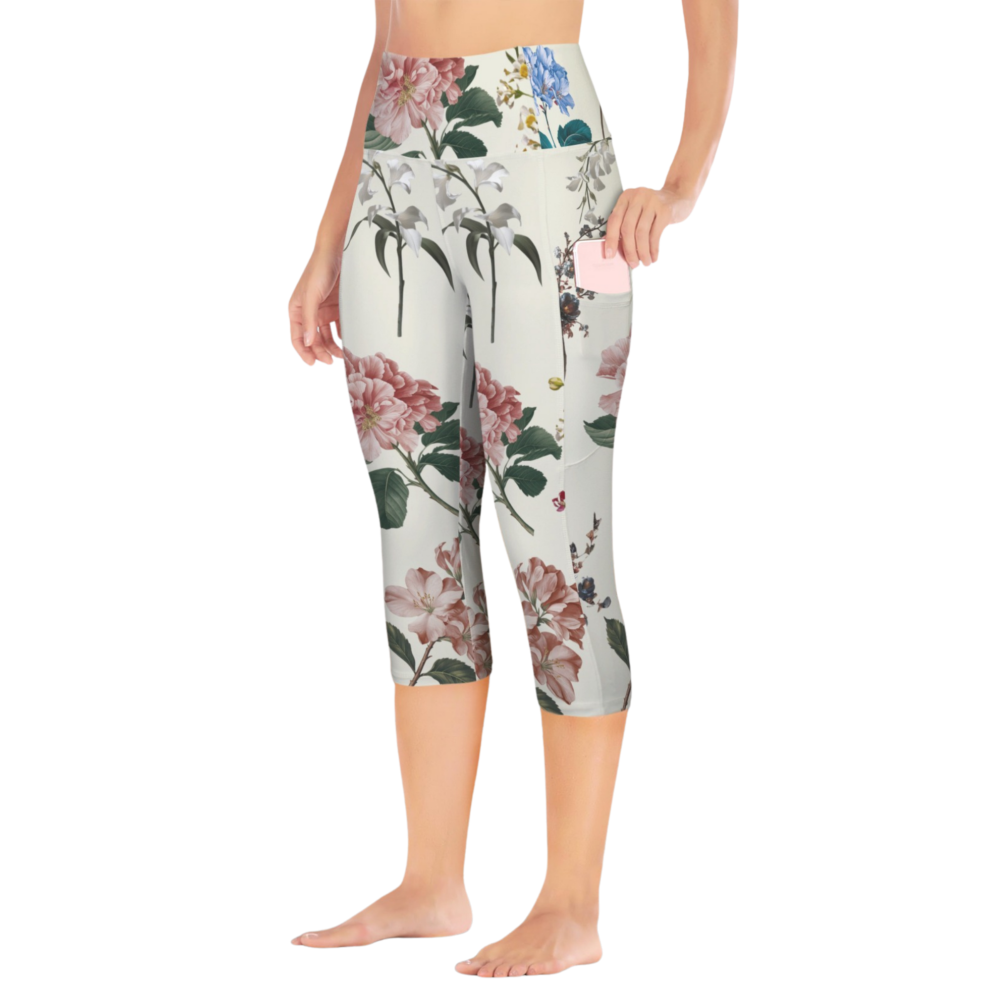 Botanicals iSquared Pocket Capri leggings with high-rise waistband, mid-calf length, and two side pockets