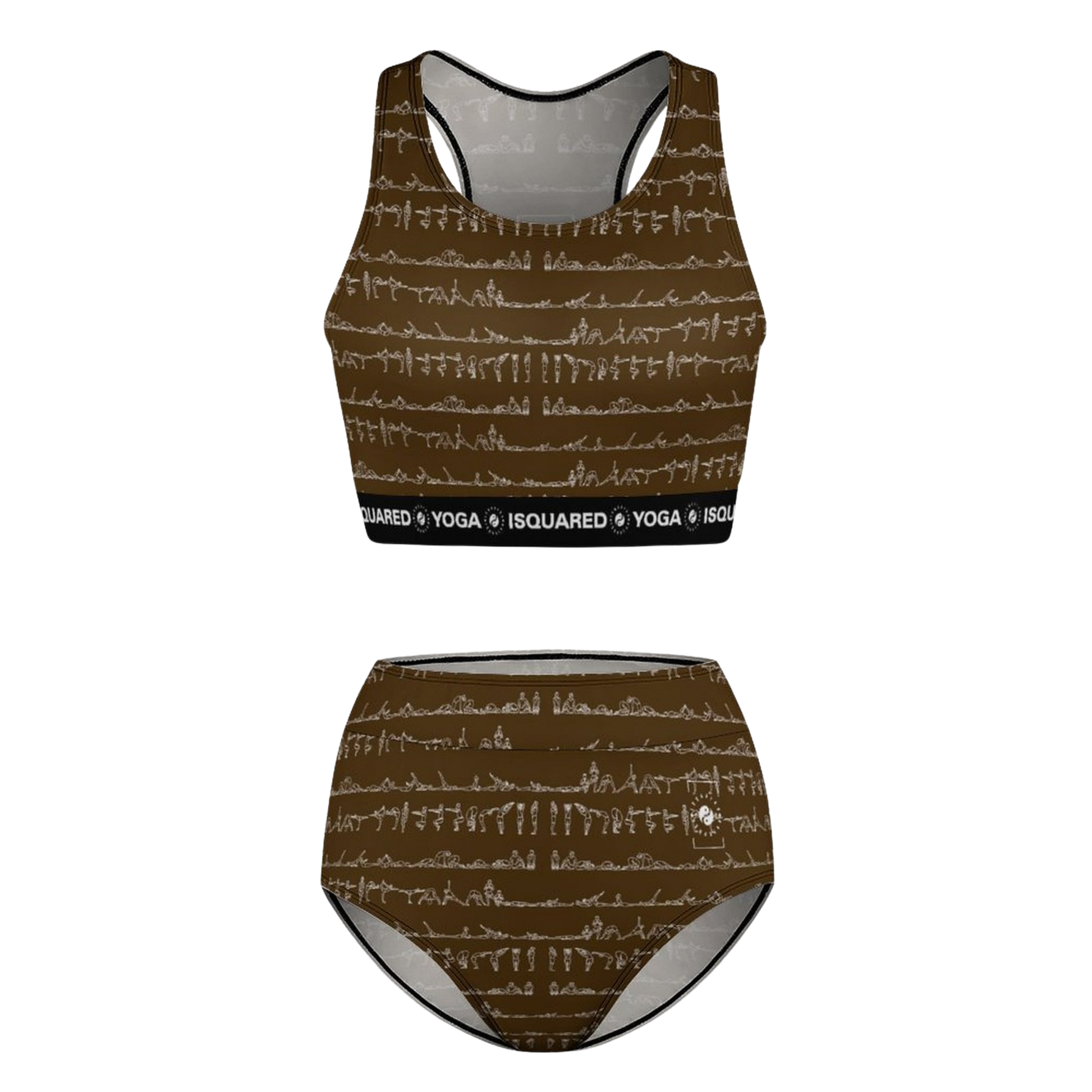 Bikram Ember hot yoga bikini set featuring a brown pattern with white figures, includes a sports bra and high-waisted bottom.