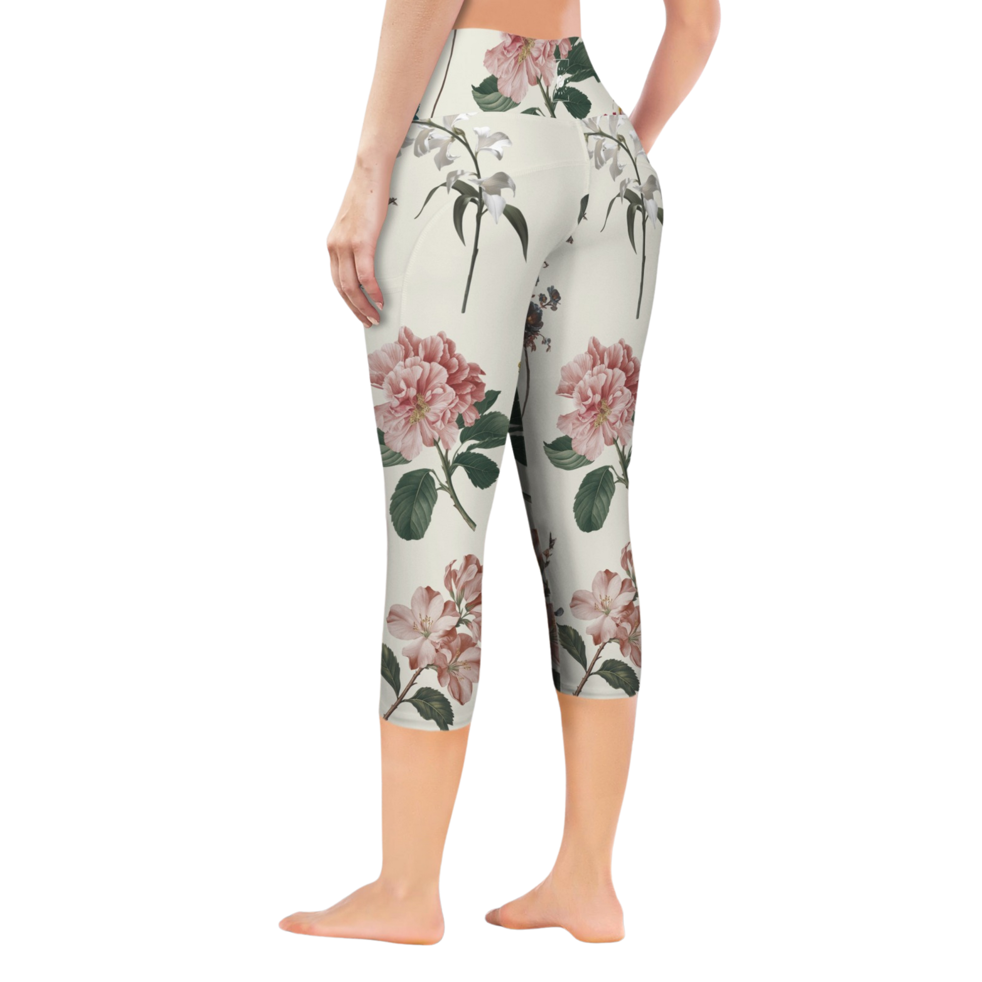 Botanicals iSquared Pocket Capri leggings with high-rise waistband, mid-calf length, and two side pockets