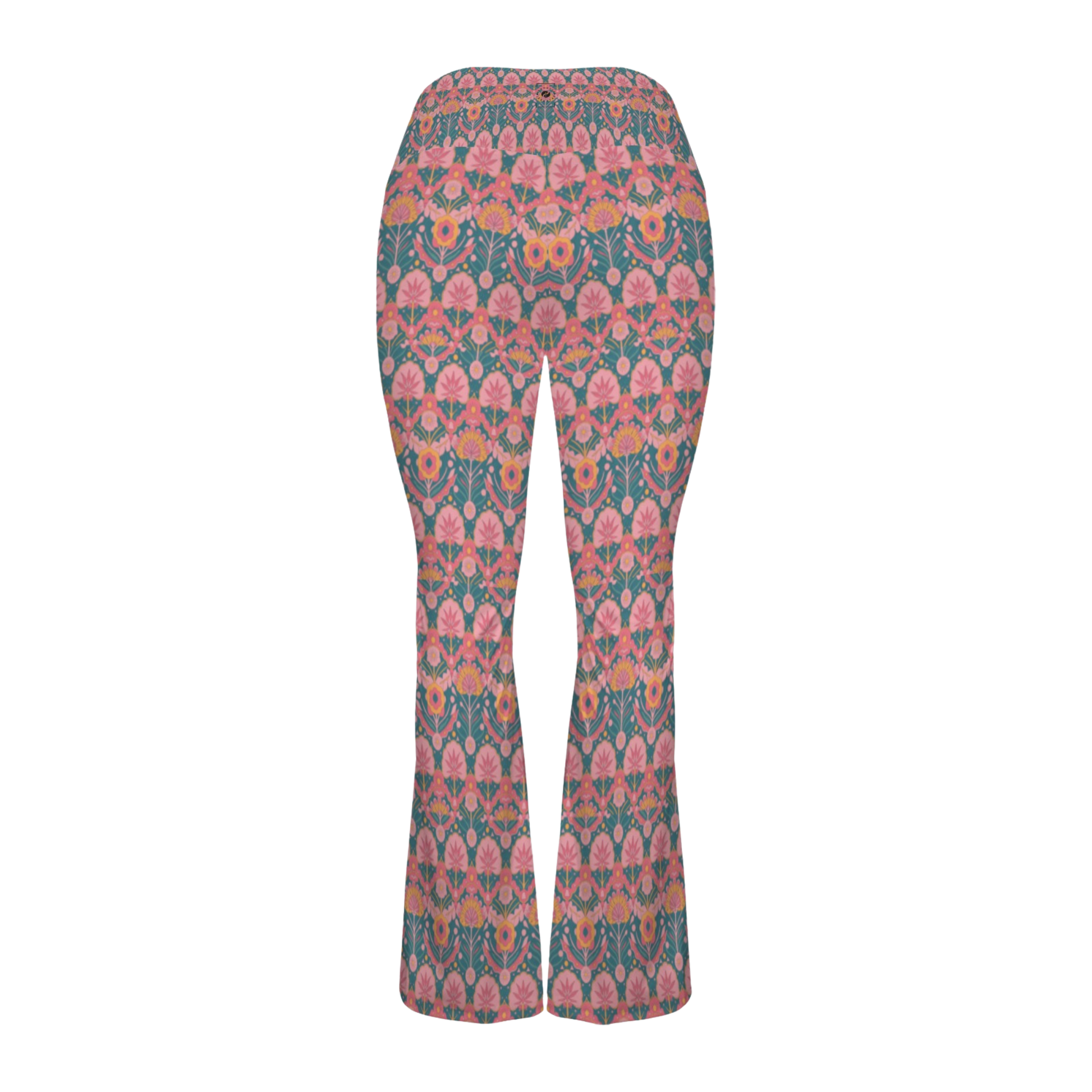 Jaipur Love Cross Waisted Flare Leggings with crossover waistband, V seam, flared leg, and printed stretch fabric