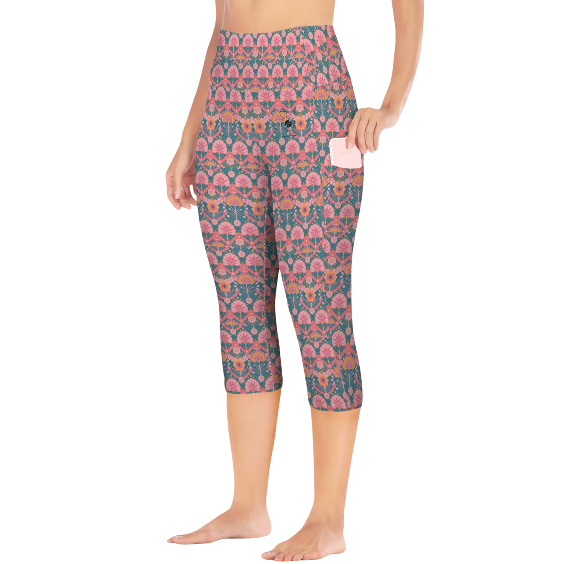 Jaipur Love iSquared Pocket Capri leggings with high-rise waist, mid-calf fit, all-over print, and two side pockets