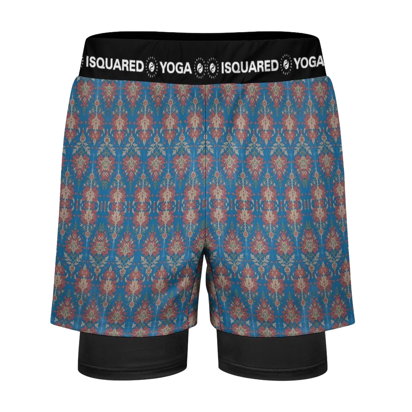 Jaipur Love dual-layer compression yoga shorts with mesh outer shell, milk silk liner, pockets, and vibrant print