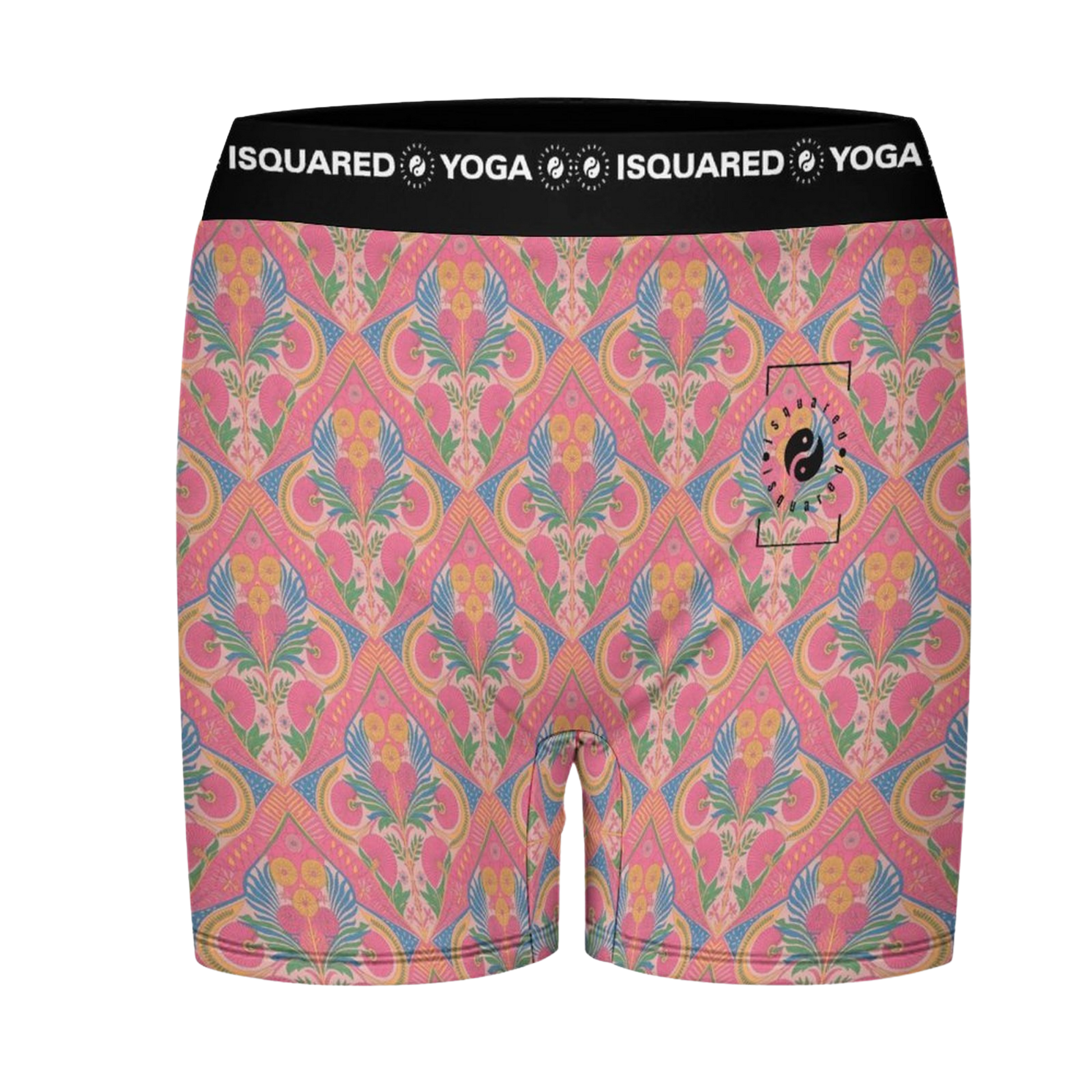 Jaipur Love iSquared Yoga Shorts with all-over print, wide waistband, and fitted unisex stretch design