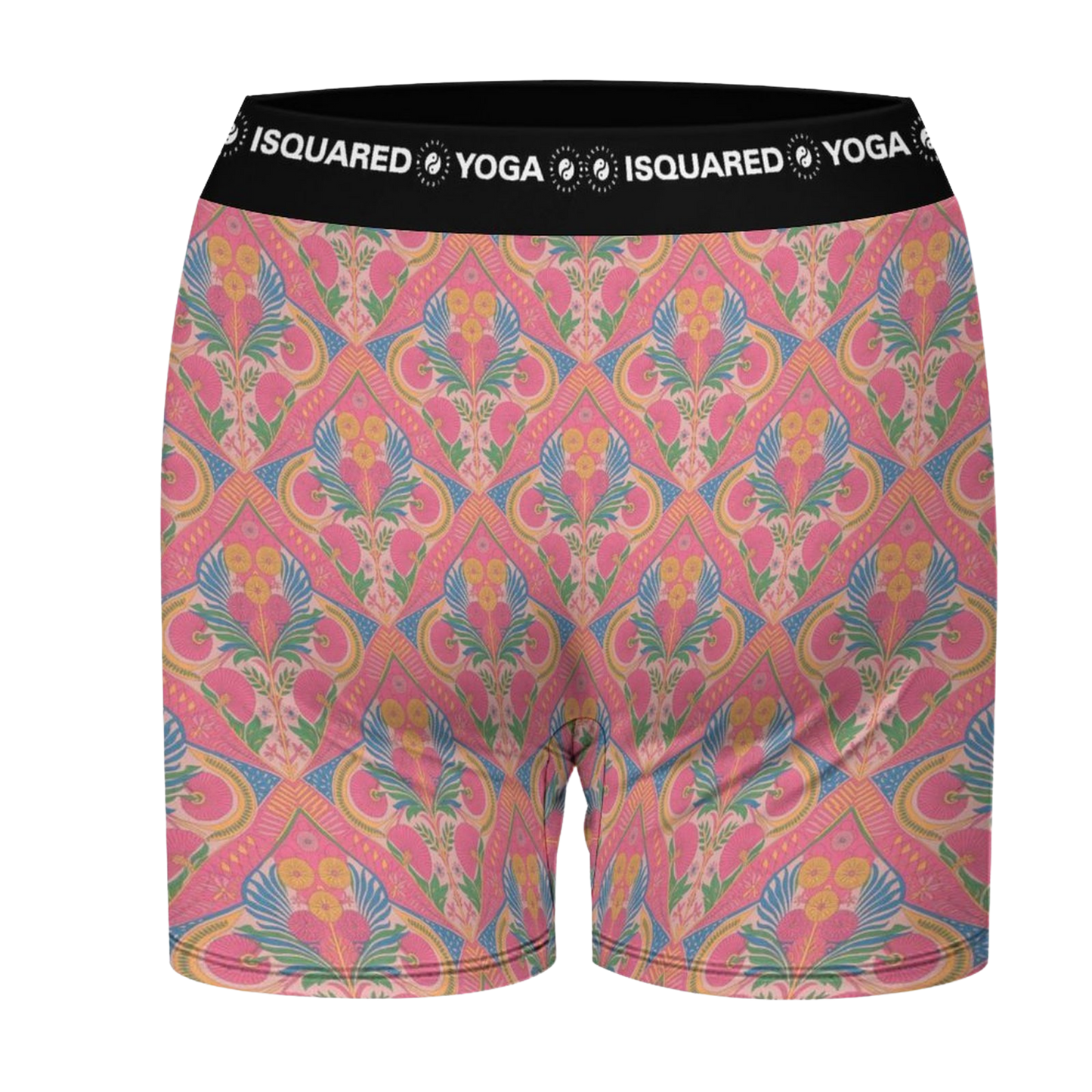 Jaipur Love iSquared Yoga Shorts with all-over print, wide waistband, and fitted unisex stretch design