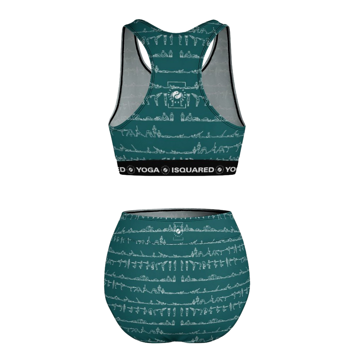 Bikram Ember hot yoga bikini set featuring a teal color with white yoga posture graphics and a supportive black band.
